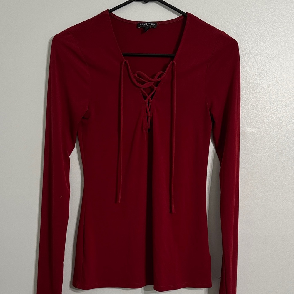 Express Crimson Lace-Up Long Sleeve Blouse